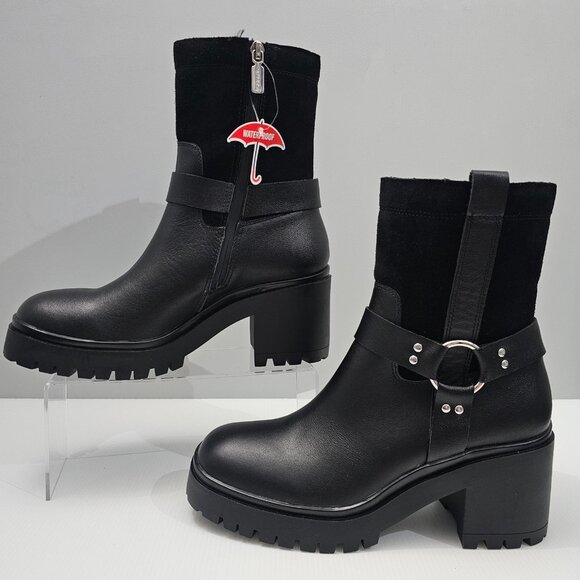 NEW Blondo Rebel Ankle Boot Womens 9.5 Black Leather Waterproof Moto Biker Heel - Picture 2 of 14